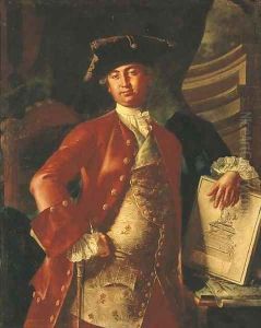 Portrait of a gentleman, three-quarter-length, in a red coat and embroidered waistcoat, holding a project for a monument by Giuseppe Bonito