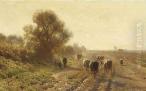 Guiding the cattle along a path on a sunny afternoon by Julius Jacobus Van De Sande Bakhuyzen
