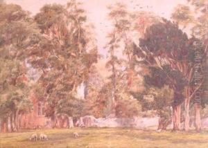 Sheep In A Meadow Before A Castle Ruin by William James Bennett