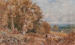 Shepherd And Flock In A Woodland Landscape by William James Bennett
