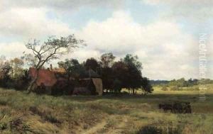 Heading home a farm amongst fields by Julius Jacobus Van De Sande Bakhuyzen