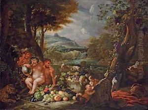 Silenus, with centaurs, leopards and a barrel of fruit in an extensive river landscape