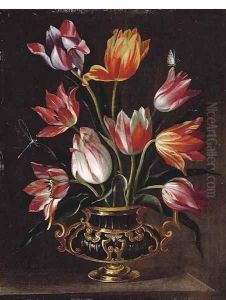 Parrot tulips in an urn with a dragonfly and a butterfly on a stone ledge by Abraham Brueghel