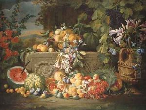A watermelon, cherries, peaches, apricots, plums, pomegranate and figs with lilies, roses, morning glory and other flowers on an acanthus stone relief