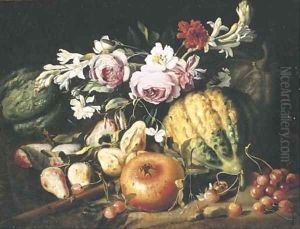 Melons, figs, cherries, a pomegranate and mixed flowers in a clearing
