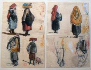 Deux Feuilles D'etudes De Femmes Italiennes Sur Un Mememontage by Jean Achille Benouville