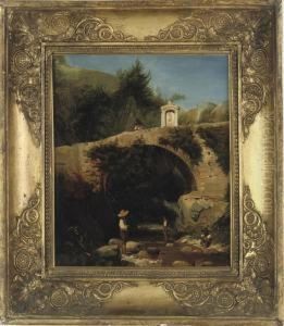 Children Paddling In A Stream Below A Bridge And A Shrine