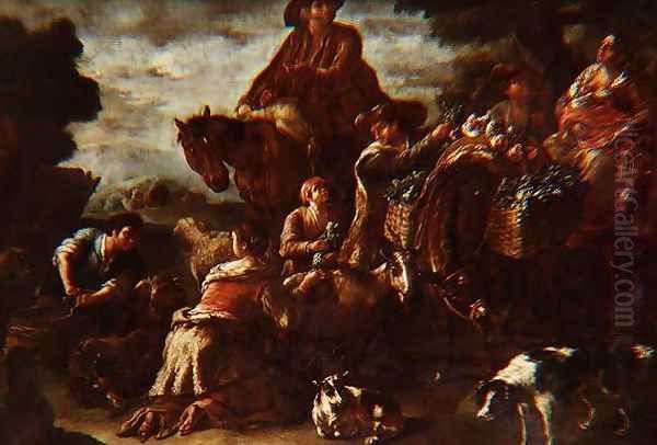 Peasants on their way to market with girl milking a goat - view 1
