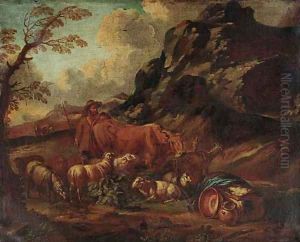 A mountainous landscape with a herdsman in the foreground by Domenico Brandi