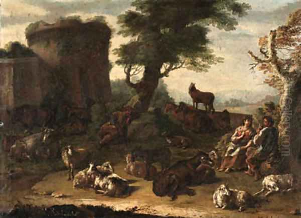 Cows, sheep, and other farm animals resting in a landscape, with a courting couple and a sleeping shepherd, a ruin beyond - view 1