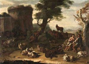 Cows, sheep, and other farm animals resting in a landscape, with a courting couple and a sleeping shepherd, a ruin beyond by Domenico Brandi