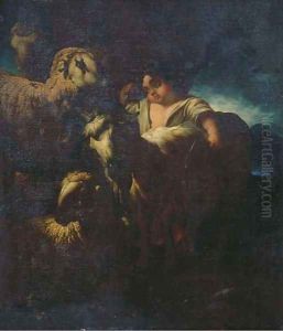 A shepherd and his flock in a moonlit landscape by Domenico Brandi