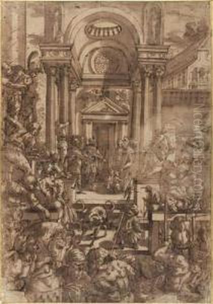 A L'interieur D'un Palais Anime,
Deux Enfants Princiers Sont Confies A Des Moines Benedictins
Plume Et Encre Brune, Lavis Brun Sur Traits De Crayon Noir - view 1