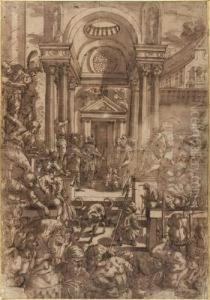 A L'interieur D'un Palais Anime,
 Deux Enfants Princiers Sont Confies A Des Moines Benedictins
 Plume Et Encre Brune, Lavis Brun Sur Traits De Crayon Noir