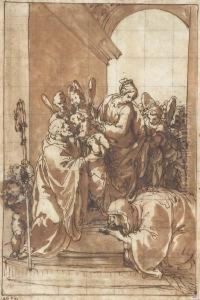 The Madonna And Child With Angels, Saint Benedict And Saintscolastica Under An Arch by Giulio Benso