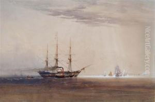 A Three Masted Sailing Vessel
And Paddle Steamer In Calm Waters With Further Shipping In The Distance - view 1