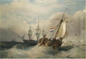 A Dutch Fishing Vessel In Choppy Waters With Other Shipping Off The Coast by Charles Bentley