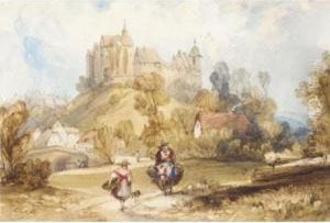 Travellers Outside A French Town by Charles Bentley
