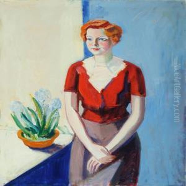 Portrait Of Woman In Redcardigan At A Window - view 1