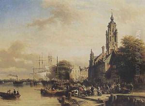 Numerous townsfolk on a quay, Middelburg 1852