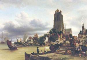 A view of Dordrecht harbour with the Grote Kerk in the background
