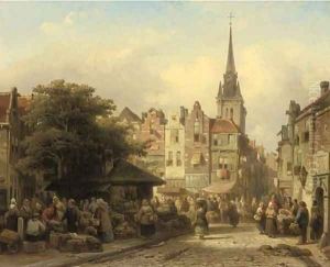 A busy market on a sunny day by Elias Pieter van Bommel