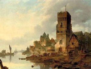 Activities on a quay in a riverside town by Elias Pieter van Bommel