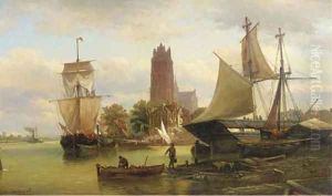 Moored sailing vessels at Dordrecht harbour by Elias Pieter van Bommel