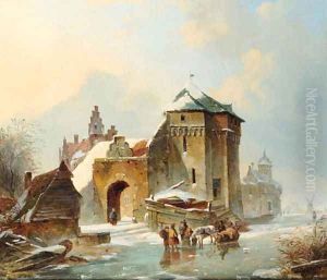 Skaters by a fortified mansion