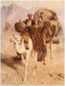 A Caravan Of Camels Crossing The Desert, Mountains Beyond by Joseph-Austin Benwell