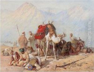 Arabs Praying In The Desert With A Caravan Of Camels Beyond