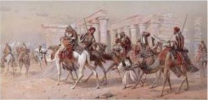 A Caravan Of Camels By Ruins In The Desert