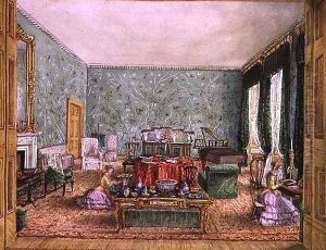 The Drawing Room at Meesdenbury, f13 from An Album of Interiors, 1843 by Charlotte Bosanquet