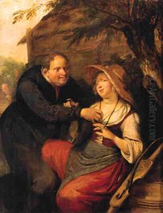 Touch A peasant courting a milkmaid in a farmyard by a haystack by Richard Brakenburg