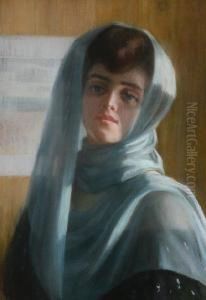 Portrait Of A Lady In A Blue Scarf by Emile Berchmans