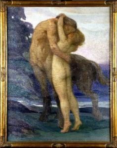 [le Centaure Amoureux.] Huile 
Sur Toile. Au Dos Une Etiquette Du Ministere De L'education Nationale De
 La Culture Francaise. Exposition "le Symbolisme Au Japon" by Emile Berchmans