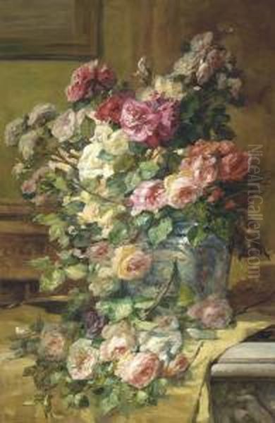 Roses In A Porcelain Vase On A Tabletop - view 1