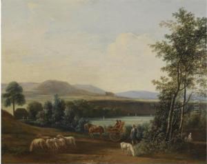 An Extensive Hilly Landscape
With A Horse-drawn Carriage With Elegant Figures Riding Along Fields, A
Shepherd With His Flock Of Sheep In The Foreground by Gerrit Adriaensz Berckheyde