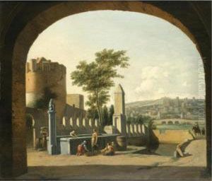 Women Gathered Around A Fountain
Outside A Castle With A Gentleman Approaching On Horseback With His
Footman by Gerrit Adriaensz Berckheyde