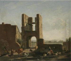 Italianate Landscape With 
Herdsmen And Women With Sheep, Goats And Cows Grazing Beneath A Ruined 
Gate Tower by Gerrit Adriaensz Berckheyde