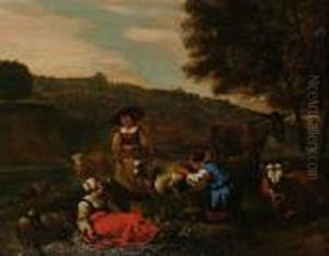 Milkmaids And Their Animals In An Italianate Landscape by Gerrit Adriaensz Berckheyde