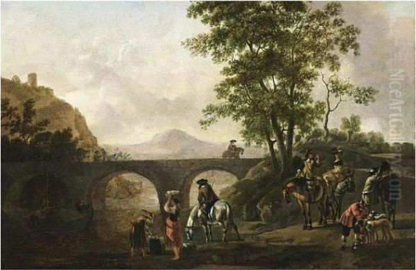A River Landscape With Huntsmen
Resting During The Hunt And Women Washing Clothes In The River, Horsemen
On A Stone Bridge Nearby - view 1