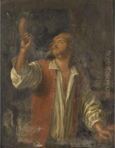 An Interior With A Peasant Blowing A Horn by Job Adriaensz. Berckheyde