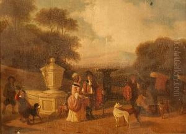 Figures, Horses And Dogs In An 18th Century Garden Setting - view 1