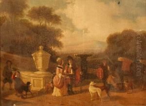 Figures, Horses And Dogs In An 18th Century Garden Setting