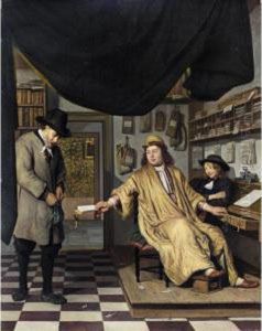 A Notary In His Office Handing Deeds To A Man With A Youth Looking On