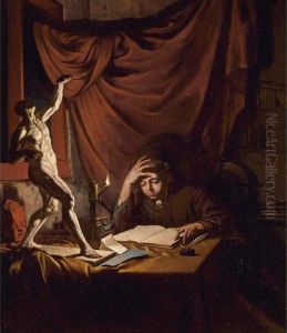 A Young Scholar Reading By 
Lamplight In A Study With An Ecorche Model And A Plaster Head Of A Putto
 On A Table