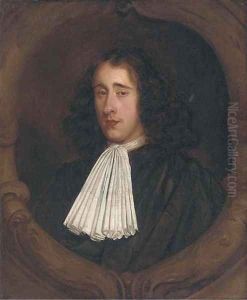 Portrait of justice John Shelden, bust-length, in a black robe and white stock, feigned cartouche by Mary Beale