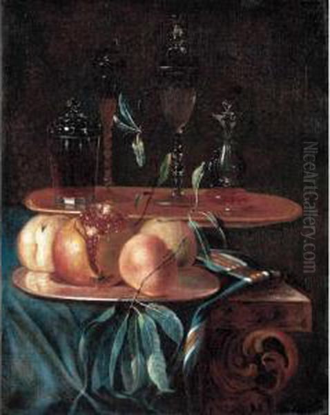 A Still Life Of Peaches, A
Pomegranate On A Pewter Plate, Together With Various Glasses On A Table
Draped With A Blue Velvet Cloth - view 1