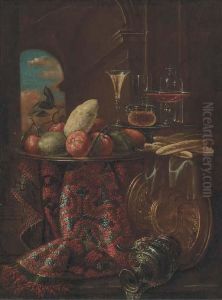 Oranges, Limes, And A Lemon On A
 Dish, Bread Rolls, And Glasses Ona Partly-draped Table With A Ewer And 
Platter